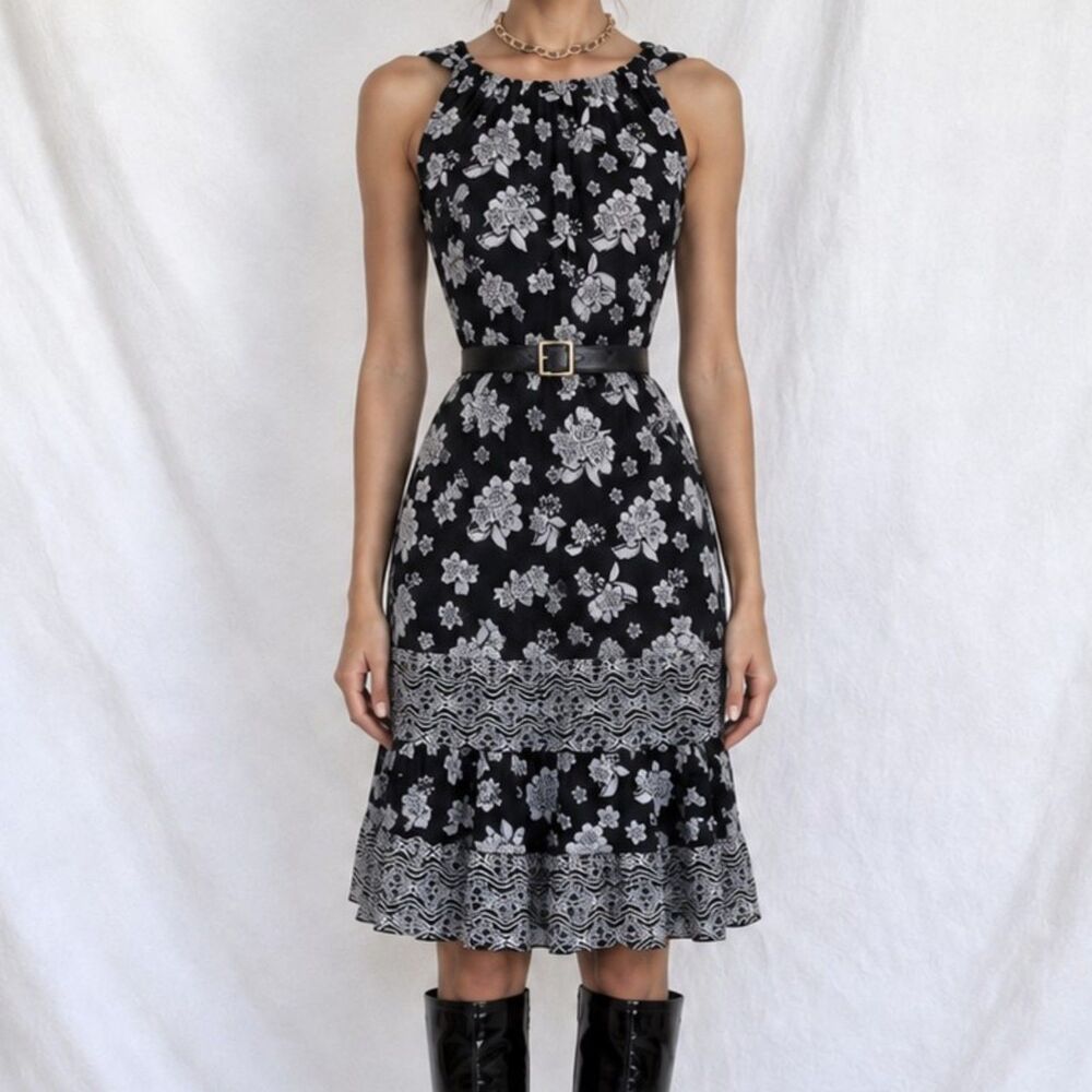Vintage Y2K Blue Floral Pleated Flared Knee Length Cocktail Tunic Dress Size S/M